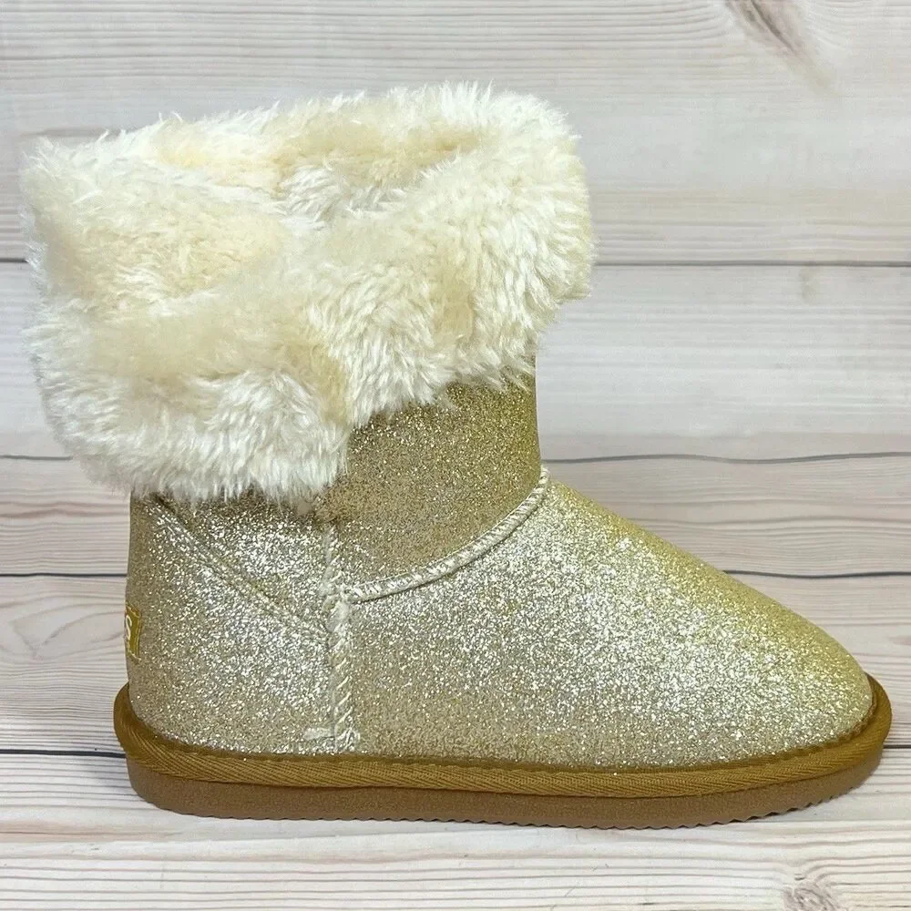 Lamo APRES Girls Size 2 Y Gold Glitter Boots Faux Fur Cozy Sparkly Slip On Youth